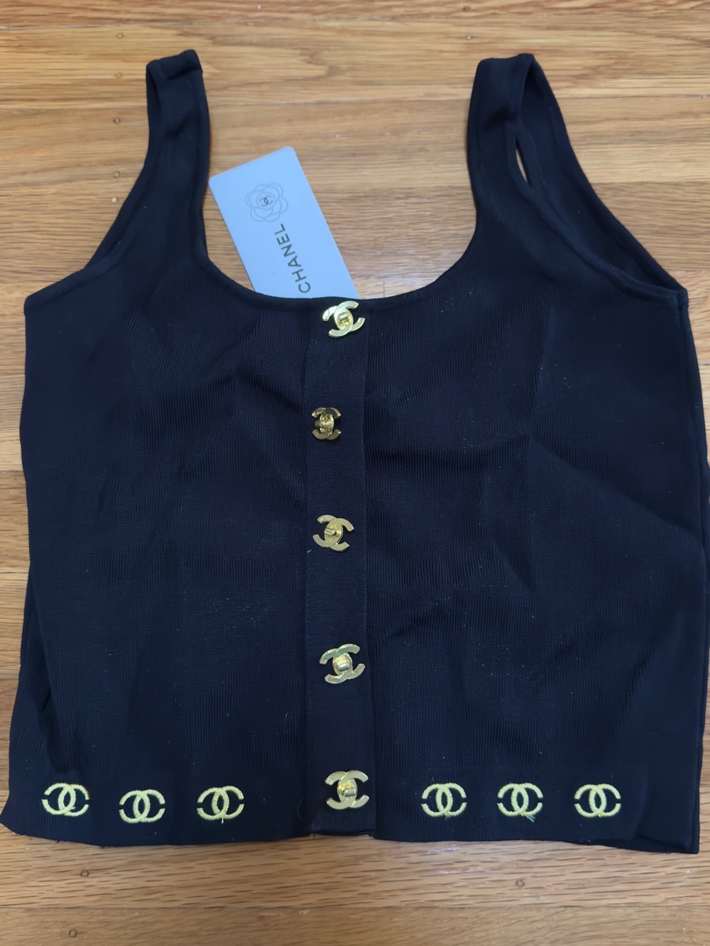 Black Ribbed Tank Top with Gold CC Buttons